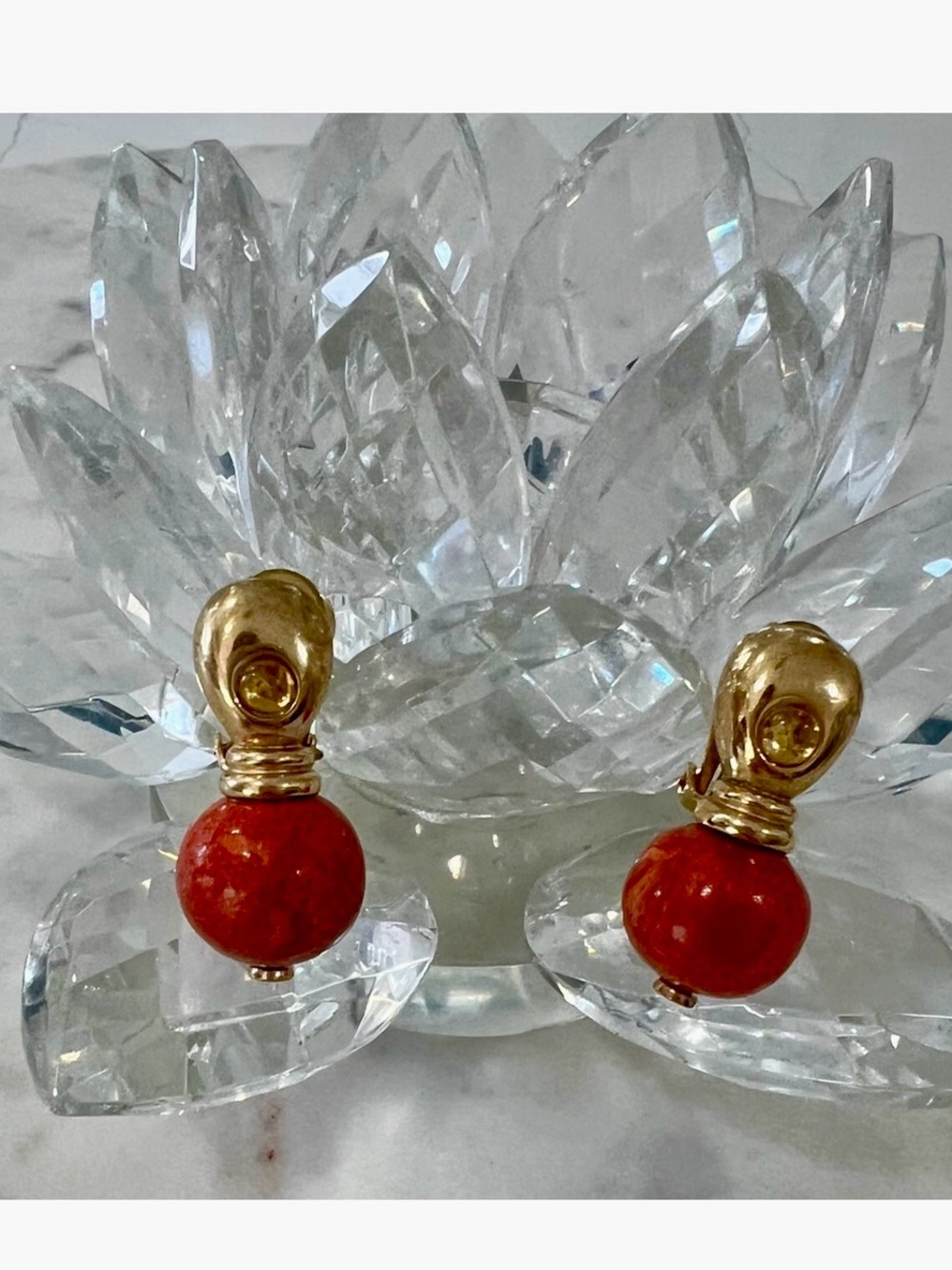 Vintage Statement FR Signed Red Coral Look Yellow Cabochon Clip On Earrings